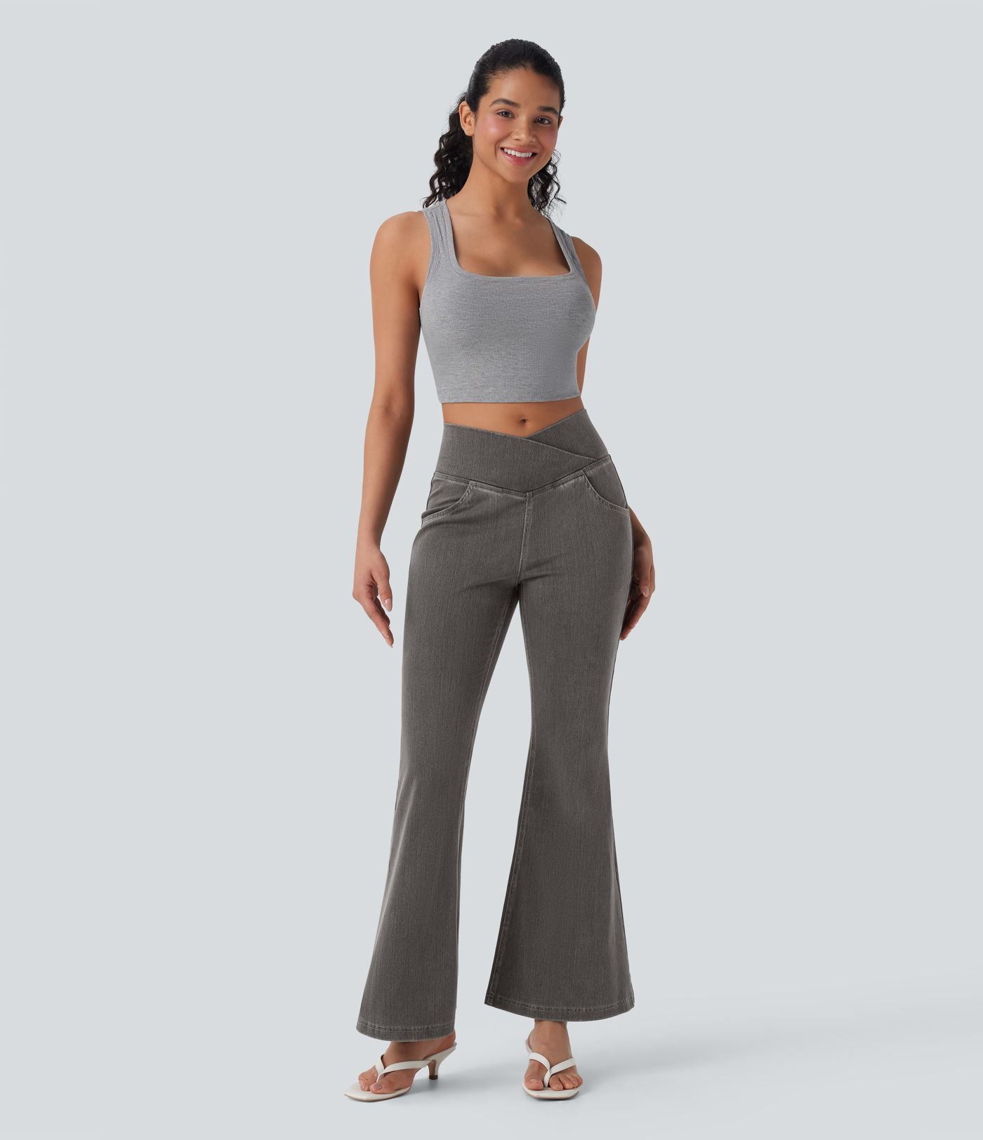 Halara Flex™ - Jean Ultra Evasé Tricot Extensible Lavé Poches Croisées Taille Haute