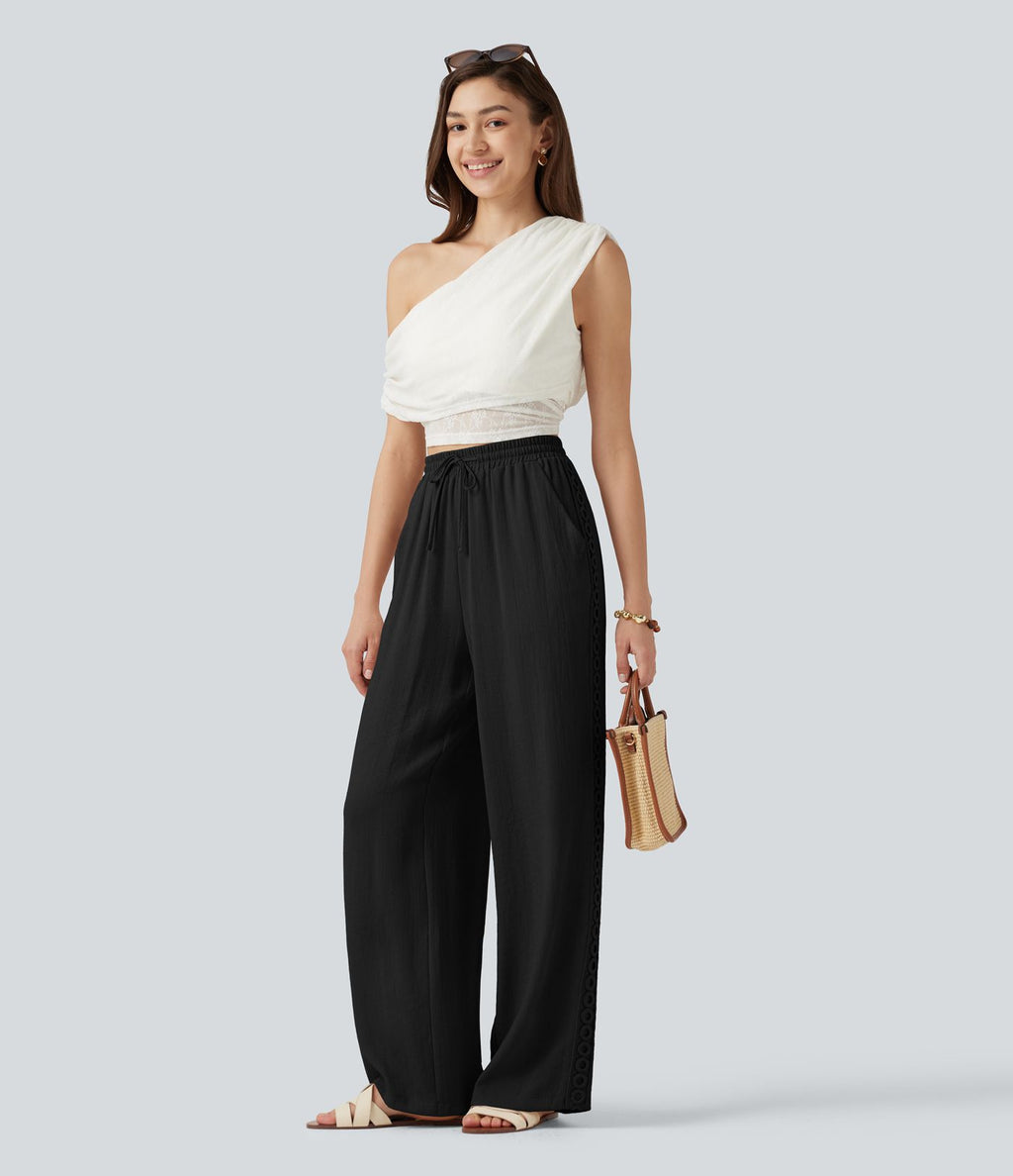 Pantalon décontracté taille haute à cordon de serrage, effet lin, avec poches