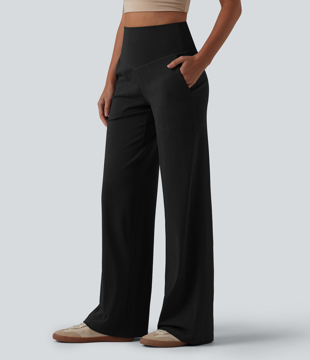 Pantalon large décontracté taille haute ventre plat en maille côtelée avec poches