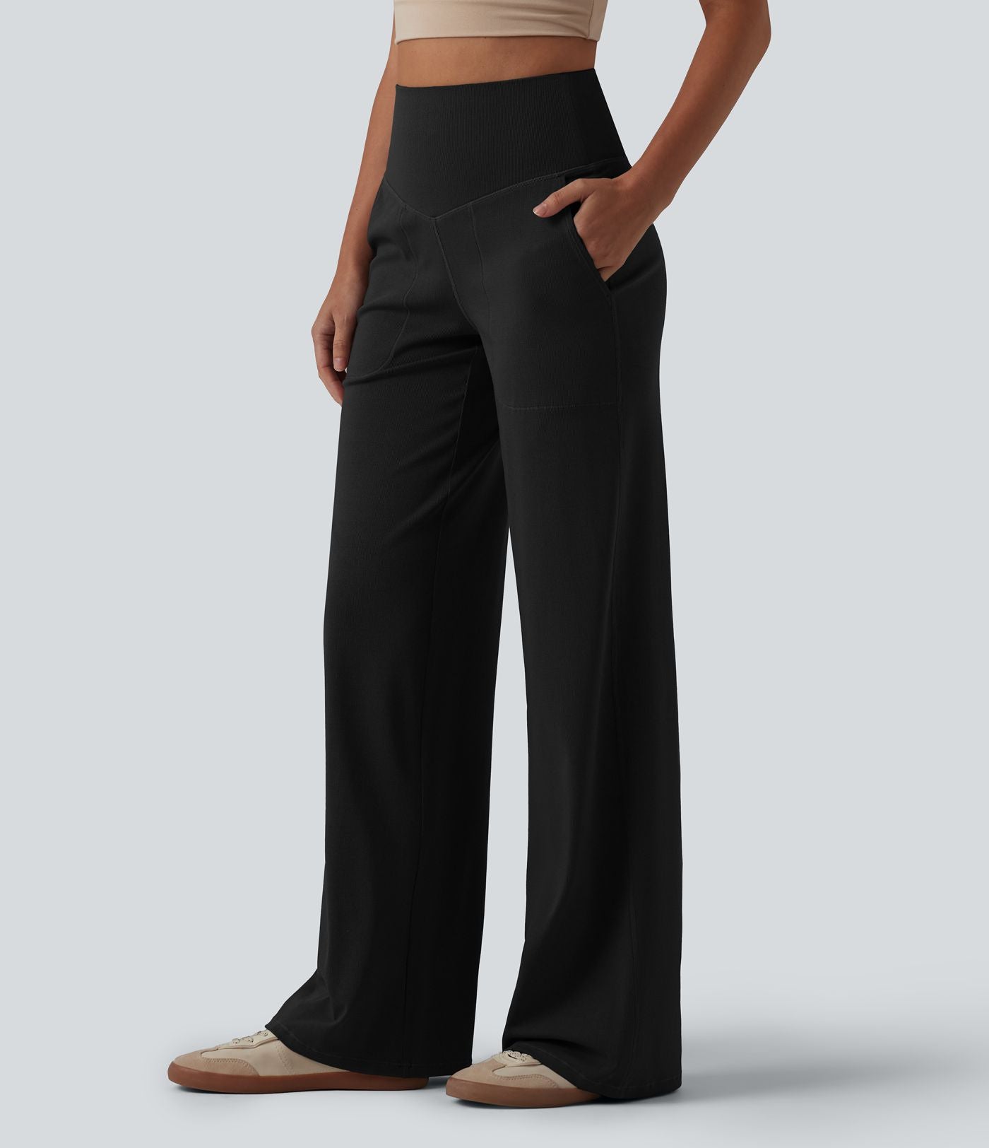 Pantalon large décontracté taille haute ventre plat en maille côtelée avec poches