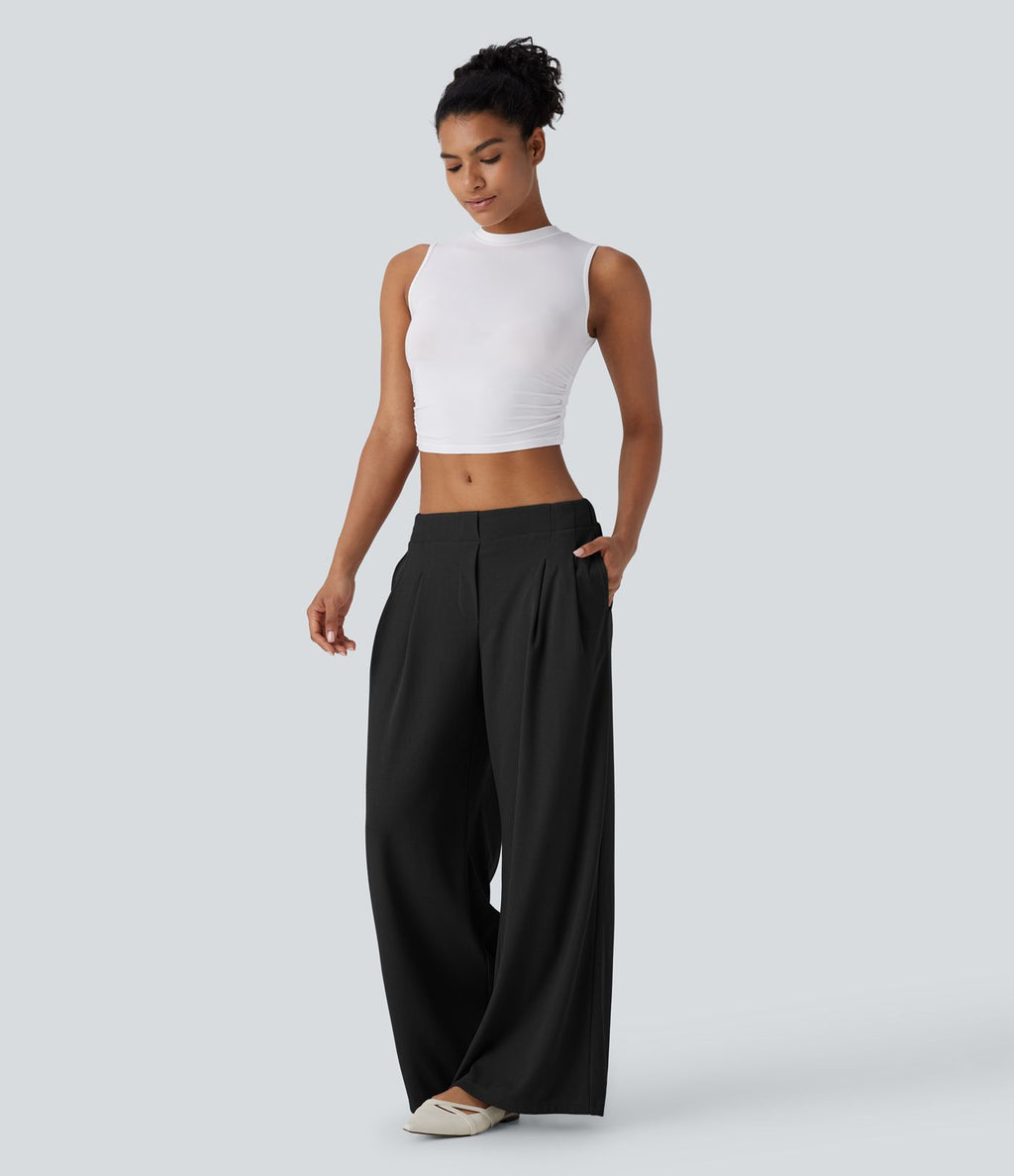 Pantalon décontracté taille basse à jambes larges en tissu gaufré avec poches latérales