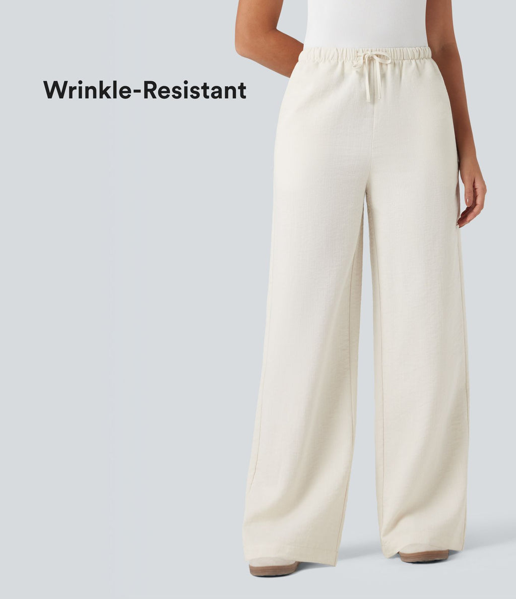Pantalon décontracté large effet lin taille haute infroissable avec cordon et poches
