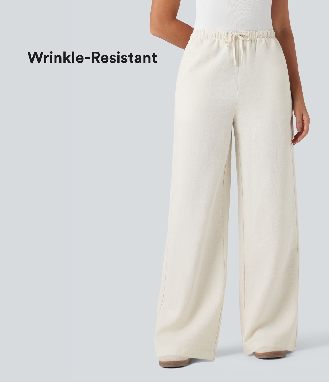Pantalon décontracté large effet lin taille haute infroissable avec cordon et poches