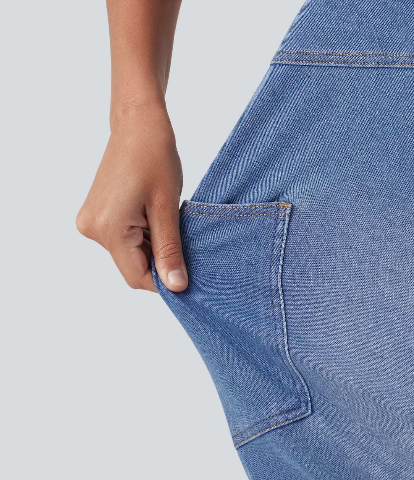 Salopette en jean Halara Flex™ col V délavée décontractée à ourlet roulotté avec poches