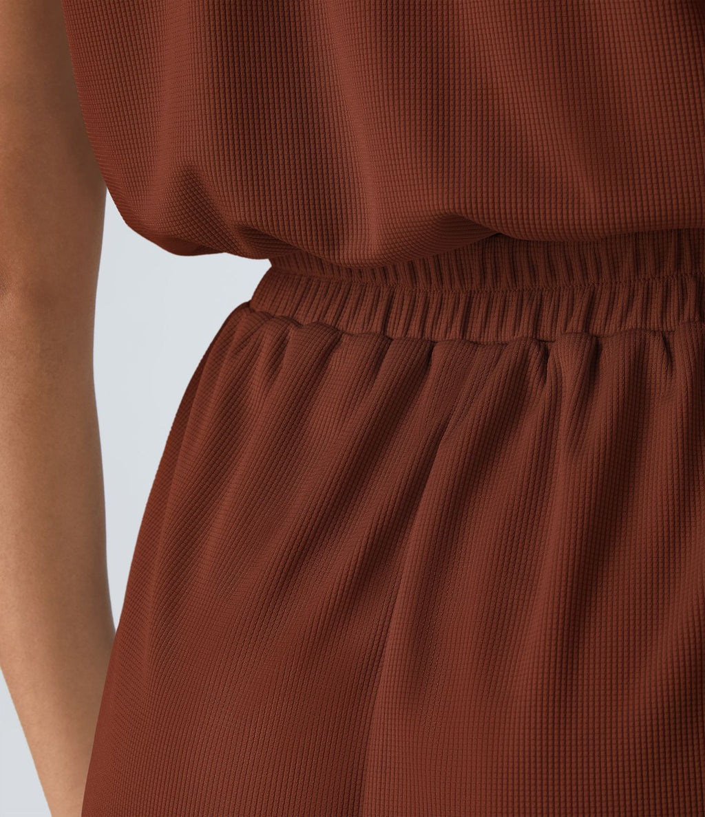 Combishort Fluide Col en V Plissée Manches Courtes Poche Latérale Gaufrée