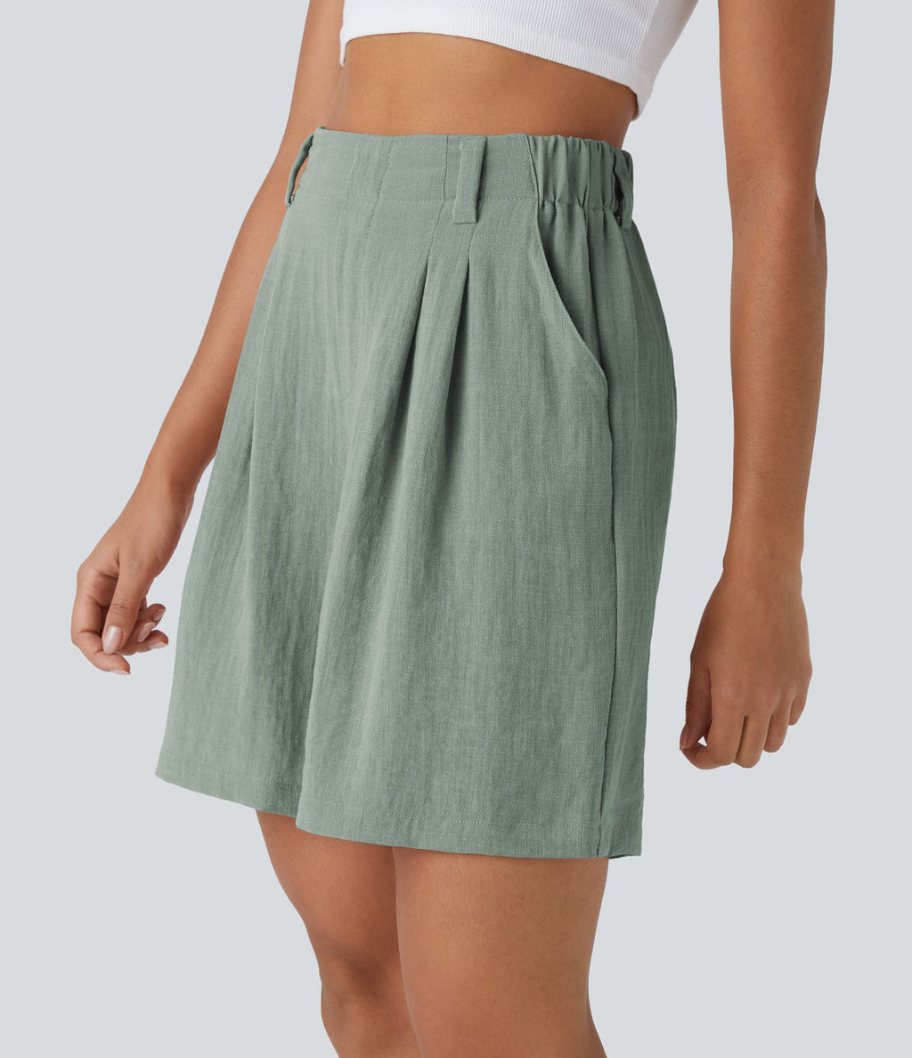 Bermuda Large Fluide Taille Haute avec Plis et Poches Latérales en Lin Synthétique
