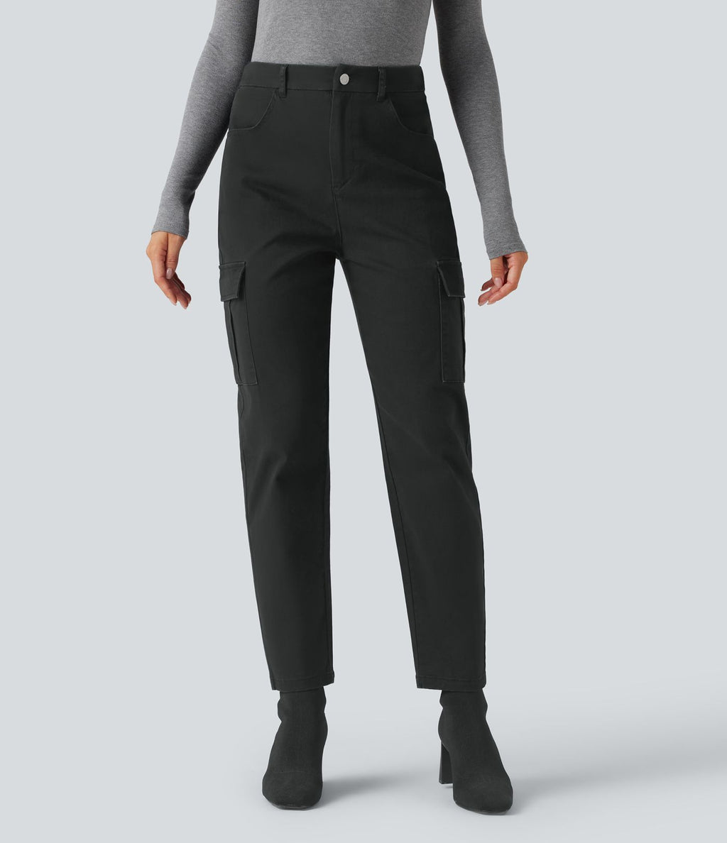 Pantalon 7/8 décontracté fuselé taille haute en coton chino avec poches