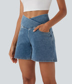 Halara Flex™ Short décontracté évasé à jambe large en denim extensible délavé taille haute croisée avec poches multiples