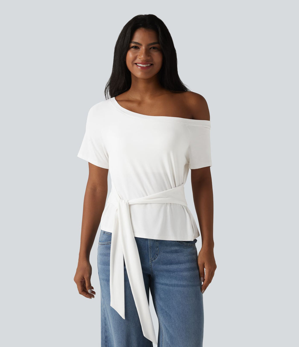 T-shirt décontracté asymétrique manches courtes soutien-gorge intégré nœud devant