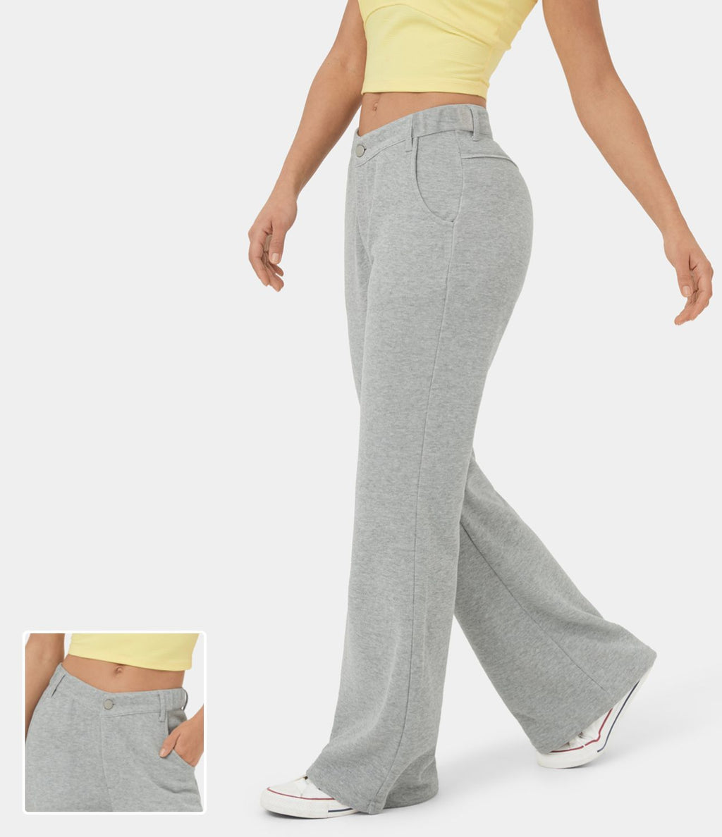 Pantalon Survêtement Coton Casual Évasée Taille Mi-Haute Ceinture Forme V Boutonnés Fermeture Éclair Poches