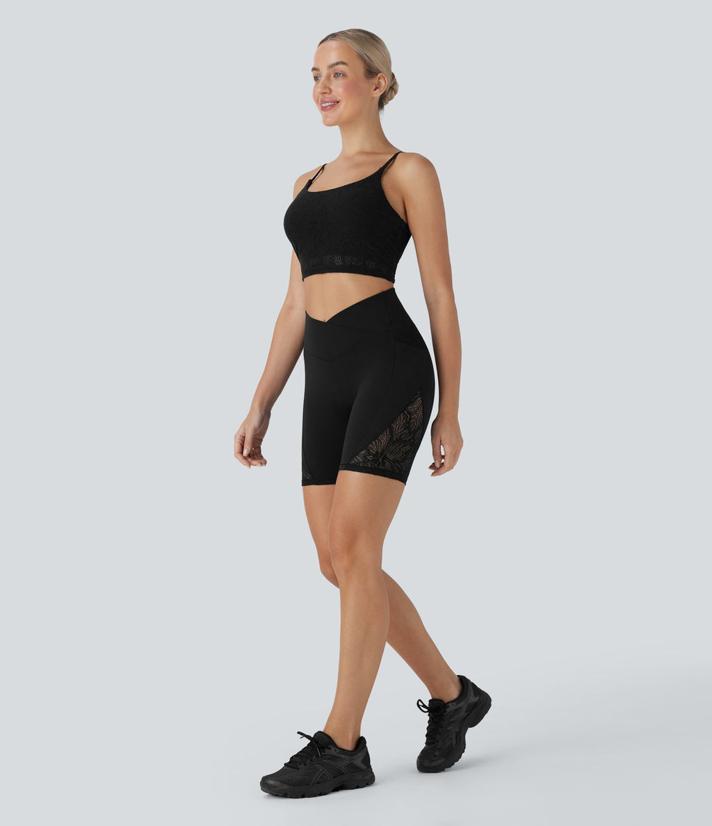 Short cycliste yoga 7'' Softlyzero™ taille haute croisé dentelle contrastante avec poches - UPF50+