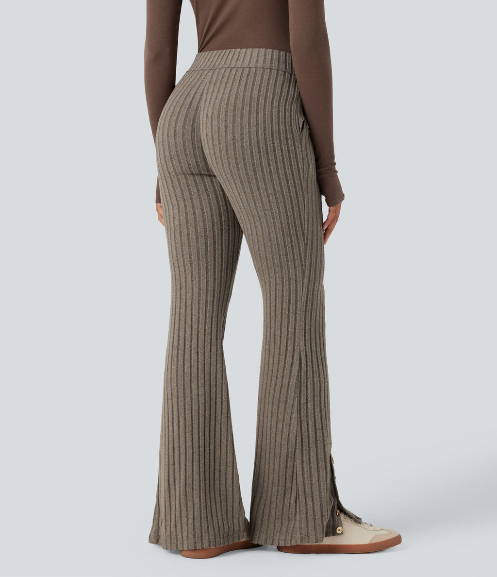 Pantalon évasé côtelé taille mi-haute boutonnage ourlet fendu avec poches