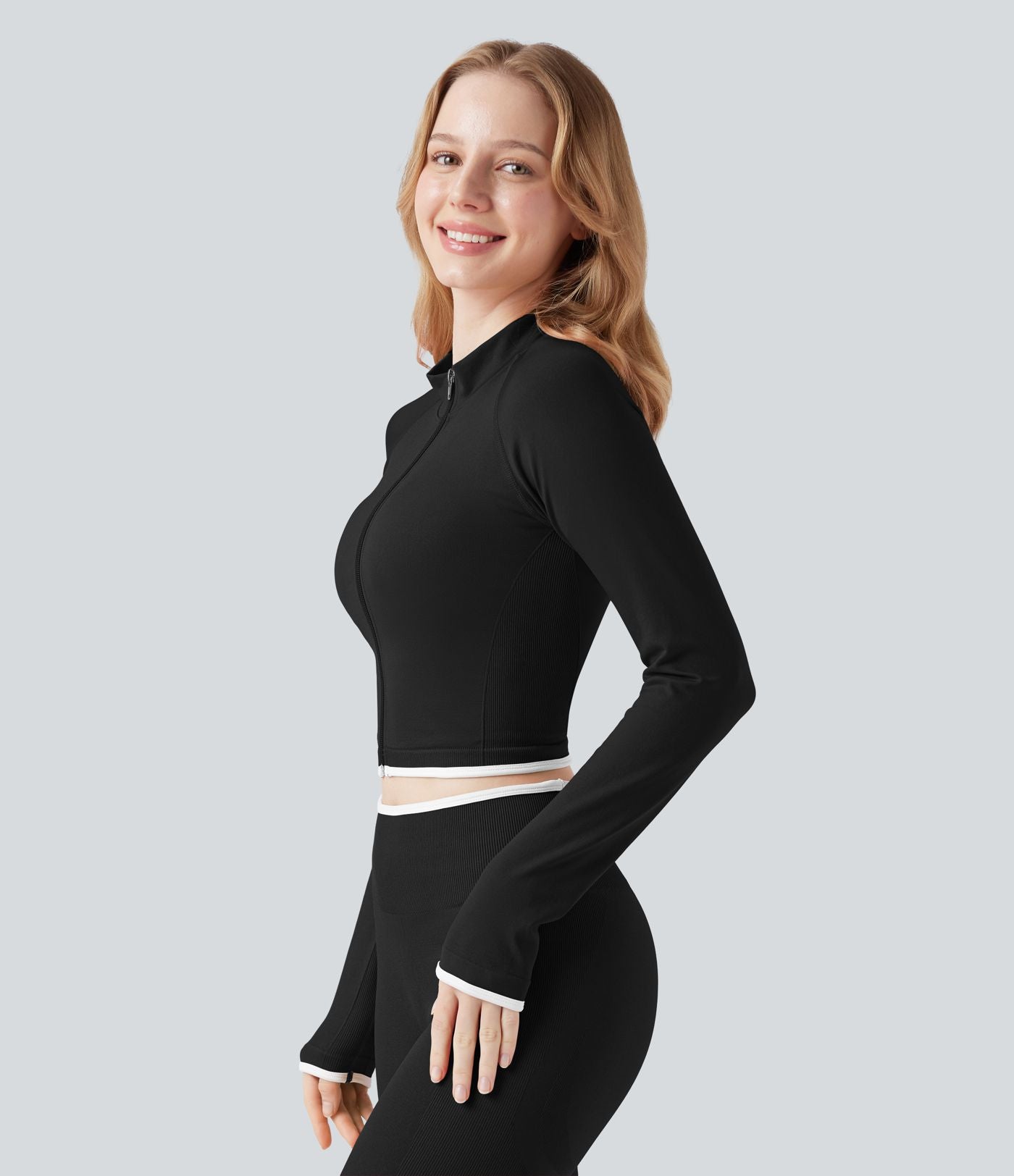 Veste yoga courte zippée col montant color block sans couture OneForm Seamless Flow