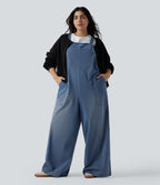 Grande taille Halara Flex™ Salopette casual en jean délavé col carré avec poches