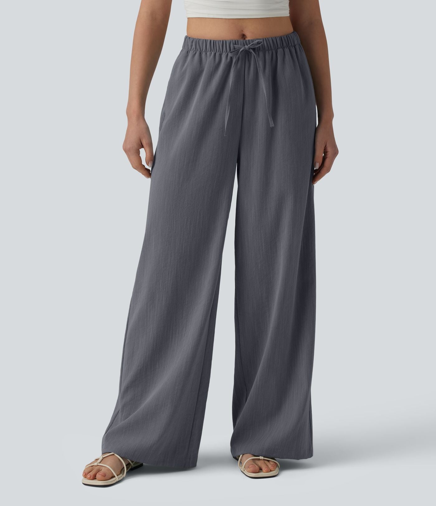 Pantalon large décontracté taille mi-haute avec cordon de serrage aspect lin avec poches