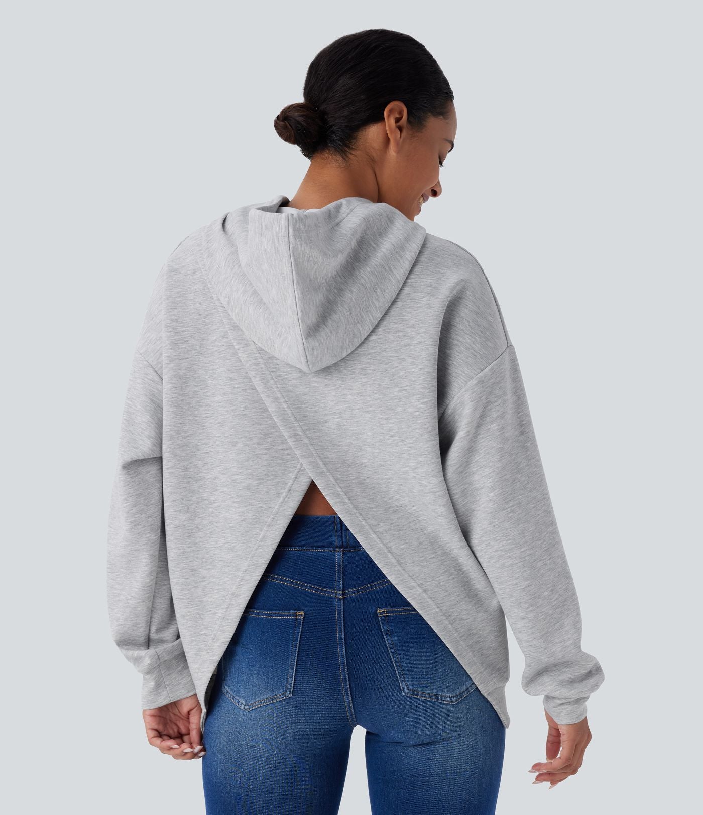 Sweat-shirt décontracté à capuche avec cordon de serrage, manches longues, poche kangourou, coupe croisée et fente