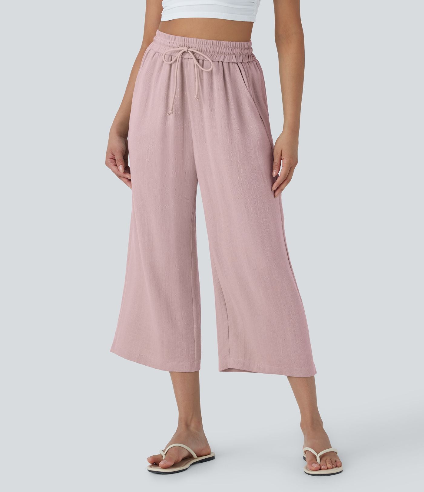 Pantalon décontracté aspect lin 7/8 à taille haute, jambe large avec cordon de serrage et poches latérales