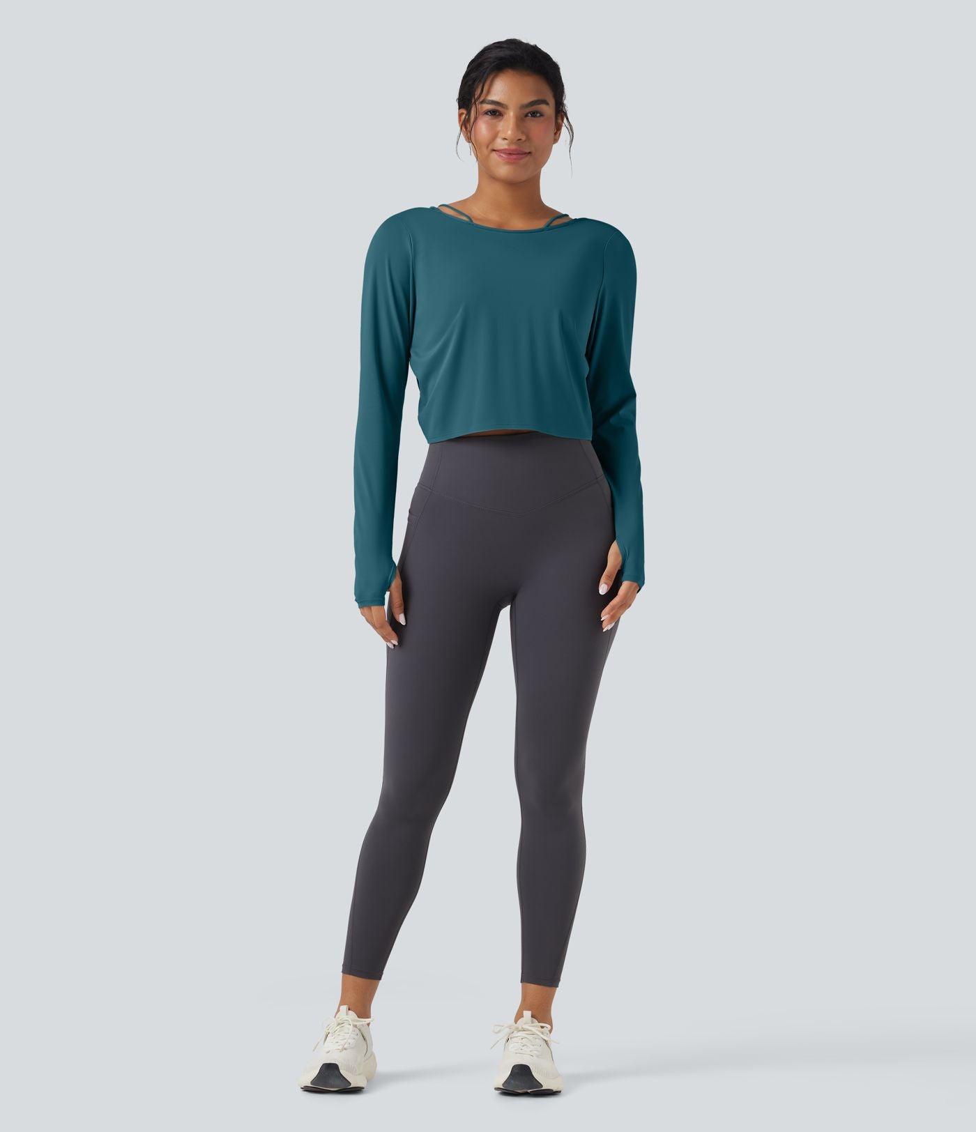 Top de sport yoga SoftlyZero™ QuickDry 2-en-1 dos nu torsadé manches longues avec trous pouces