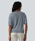 Pull décontracté rayé col rond manches courtes aspect lin