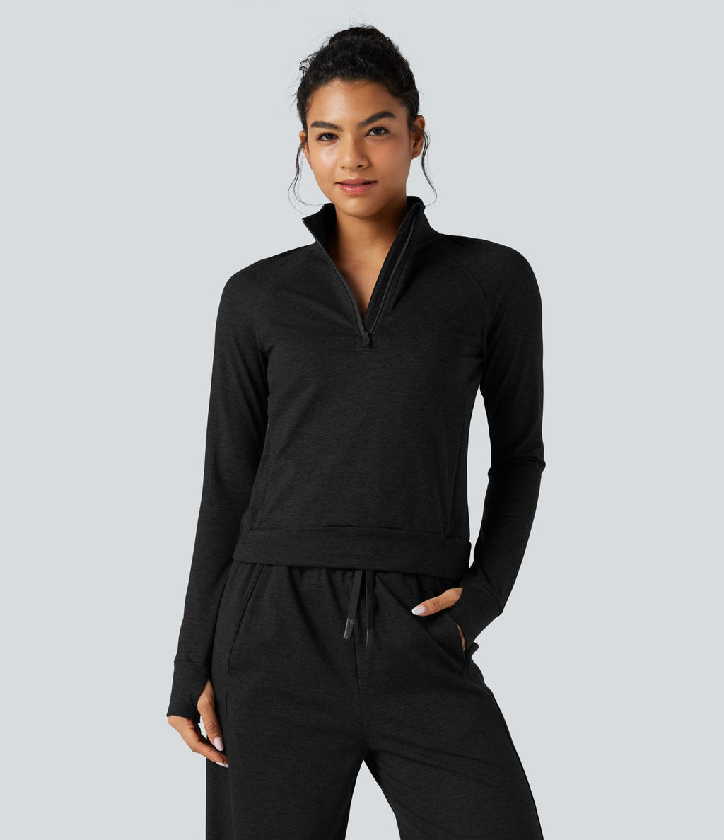 Sweat-shirt polaire thermique chiné séchage rapide demi-zip avec trous pouces et poches - UPF40+