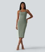 Robe midi moulante SoftlyZero™ Airy effet frais InstantCool color block avec brassière intégrée, effet gainant, short gainant intégré et bretelles croisées, accès facile Easy Peasy, protection solaire UPF50+