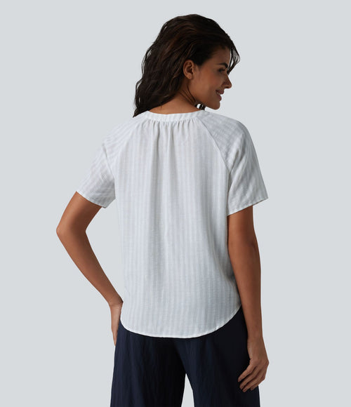 Blouse col V manches courtes à rayures aspect lin