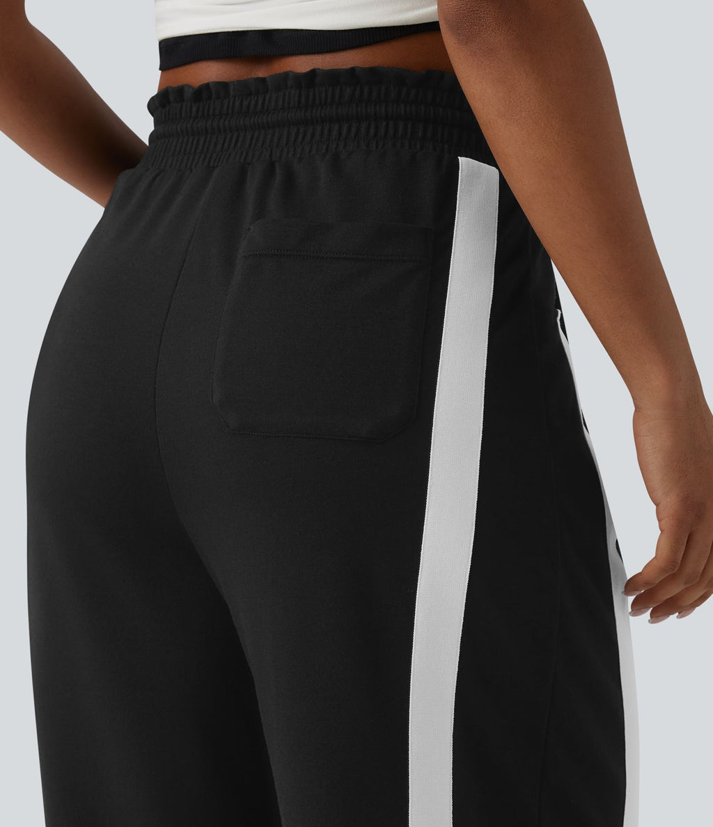Pantalon de jogging casual large color block taille haute avec cordon de serrage, ourlet courbe et poches