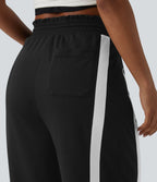 Pantalon de jogging casual large color block taille haute avec cordon de serrage, ourlet courbe et poches