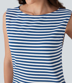 Robe décontractée mini à col bateau, sans manches, ourlet arrondi, rayures et tissu gaufré avec poches