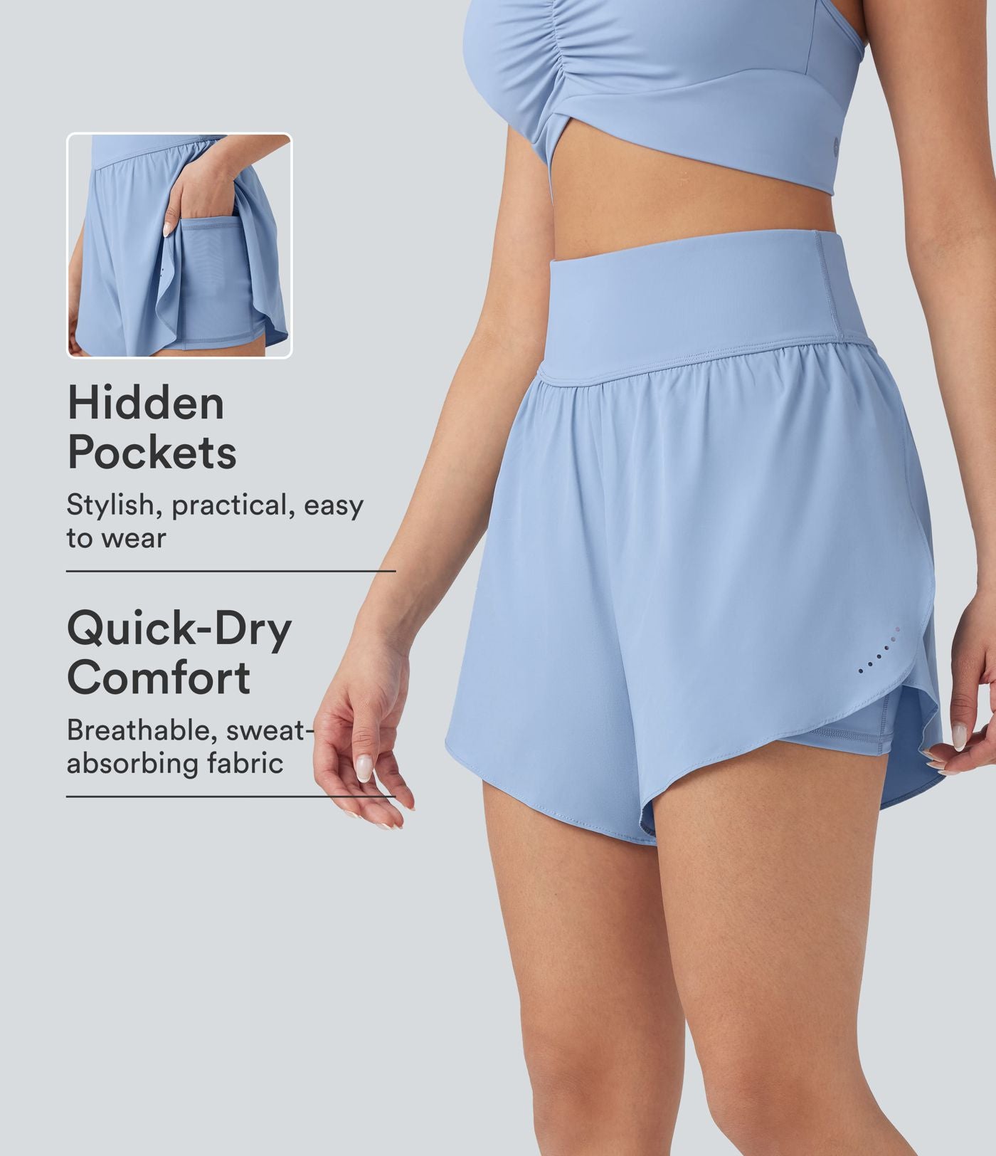 Short 2-en-1 de course gainant taille haute avec points réfléchissants, ourlet croisé et séchage rapide 12,5 cm avec poches SoftlyZero™