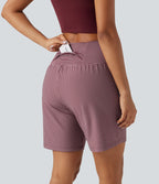 Short yoga 2-en-1 à rayures taille super haute 17,5 cm avec poches