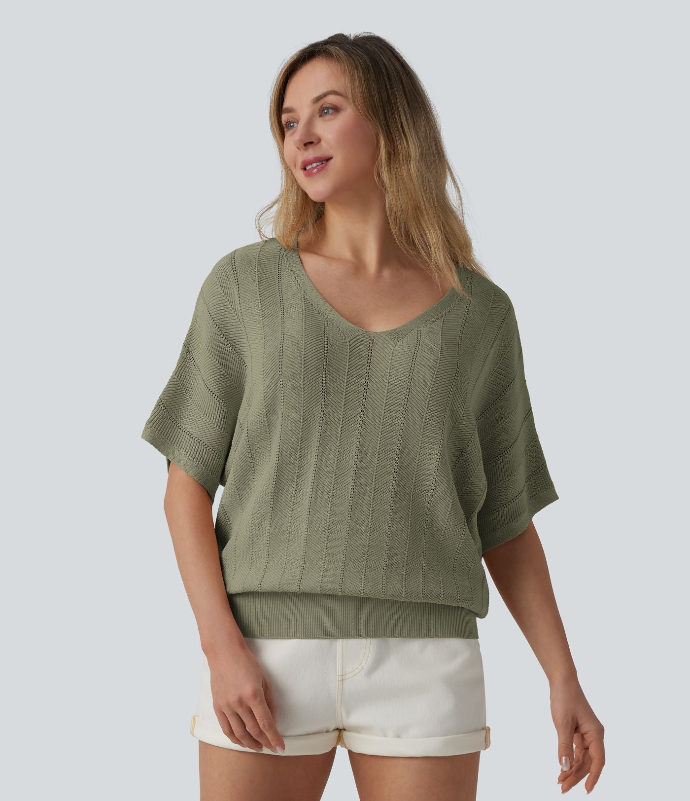Pull décontracté col V manches courtes
