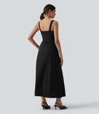Robe de soirée mi-longue SoftlyZero™ Airy col V sans manches torsadée avec fente, coques fixes et effet frais InstantCool avec poches