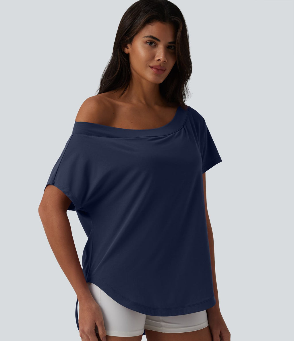 Top de sport yoga asymétrique à épaule dénudée manches courtes ourlet arrondi et coupe asymétrique à séchage rapide – Soutien-gorge intégré