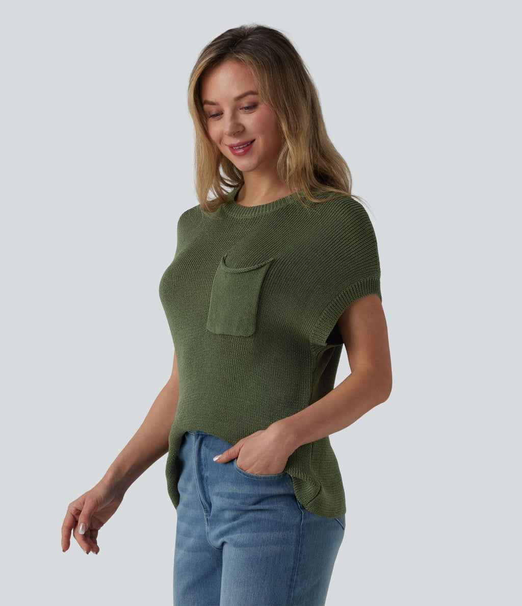Pull décontracté col rond manches chauve-souris avec poche