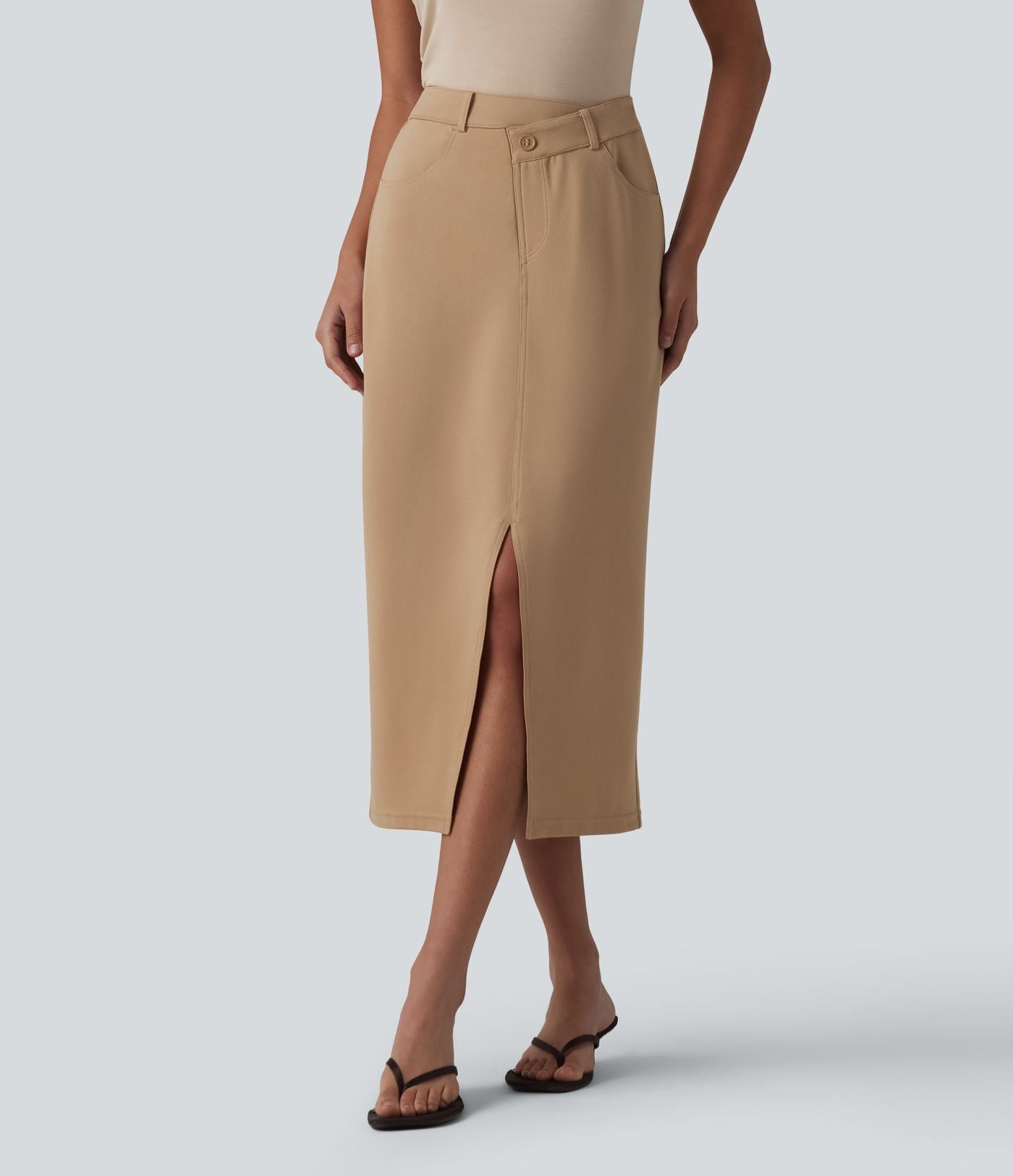Jupe crayon midi tailleur asymétrique taille moyenne fendue avec poches