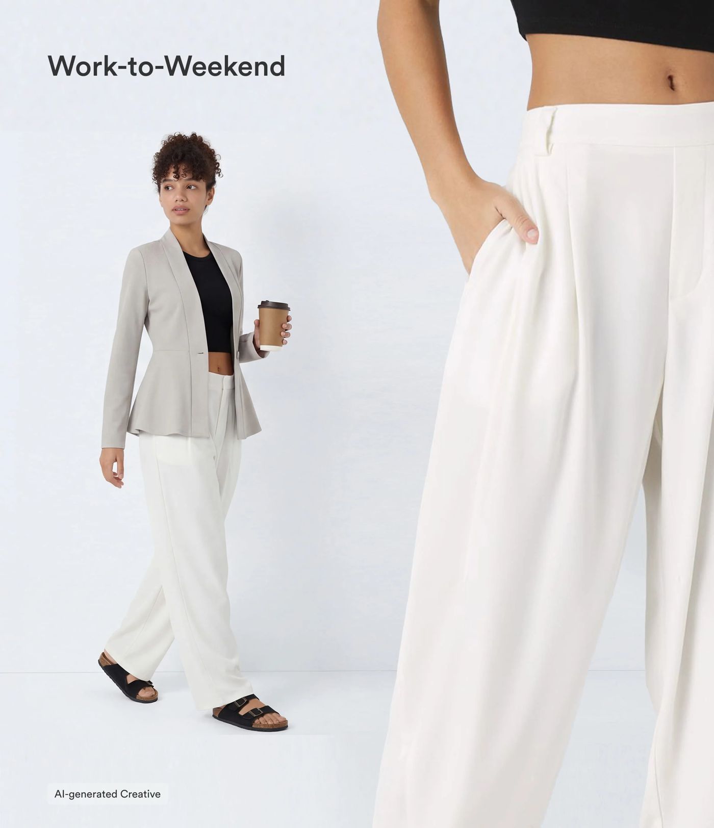 Pantalon tailleur ample, taille moyenne, coupe barrel, à poches