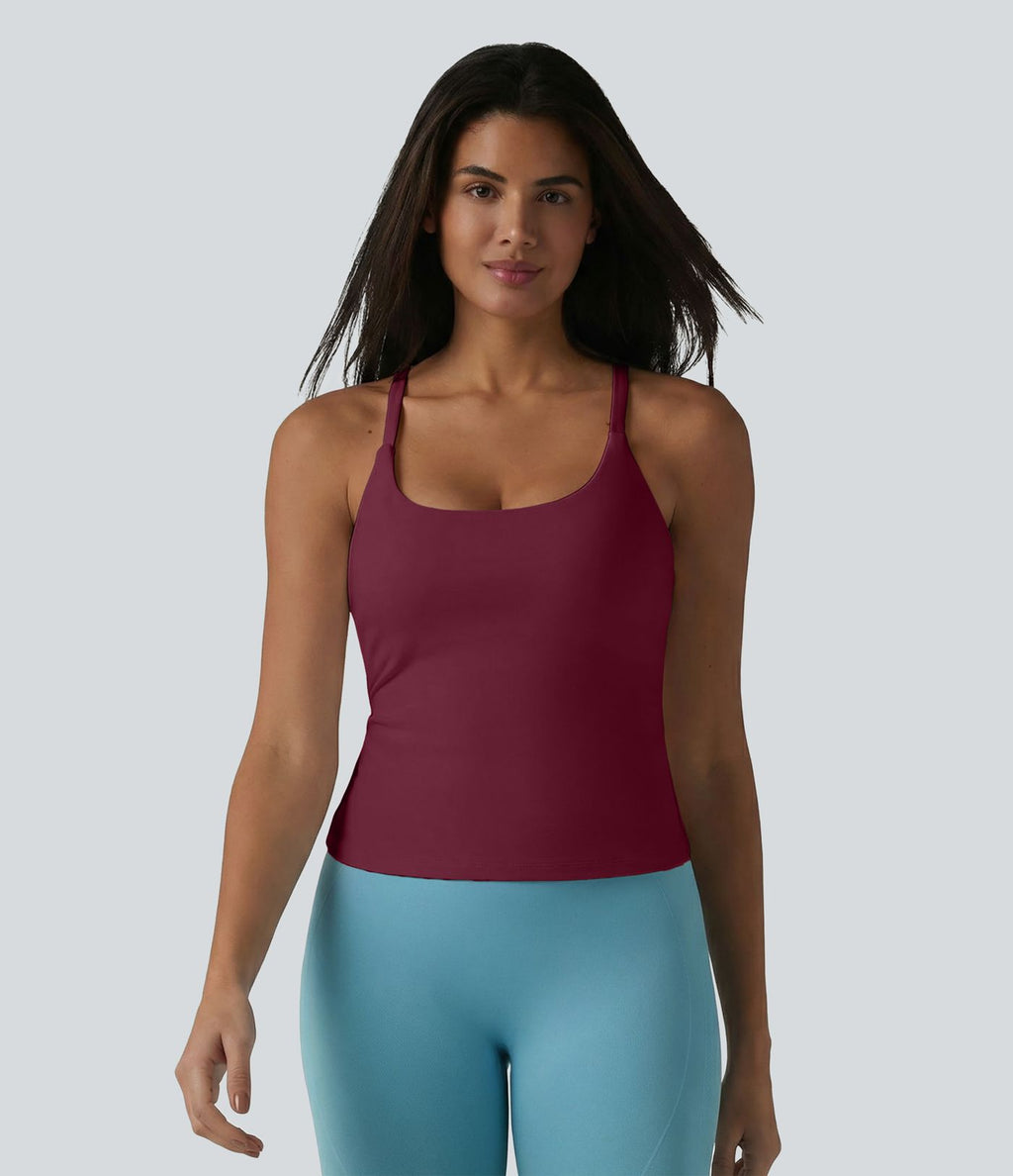 Caraco de yoga col rond échancré à dos croisé et ourlet croisé avec brassière intégrée — Bonnets E-G