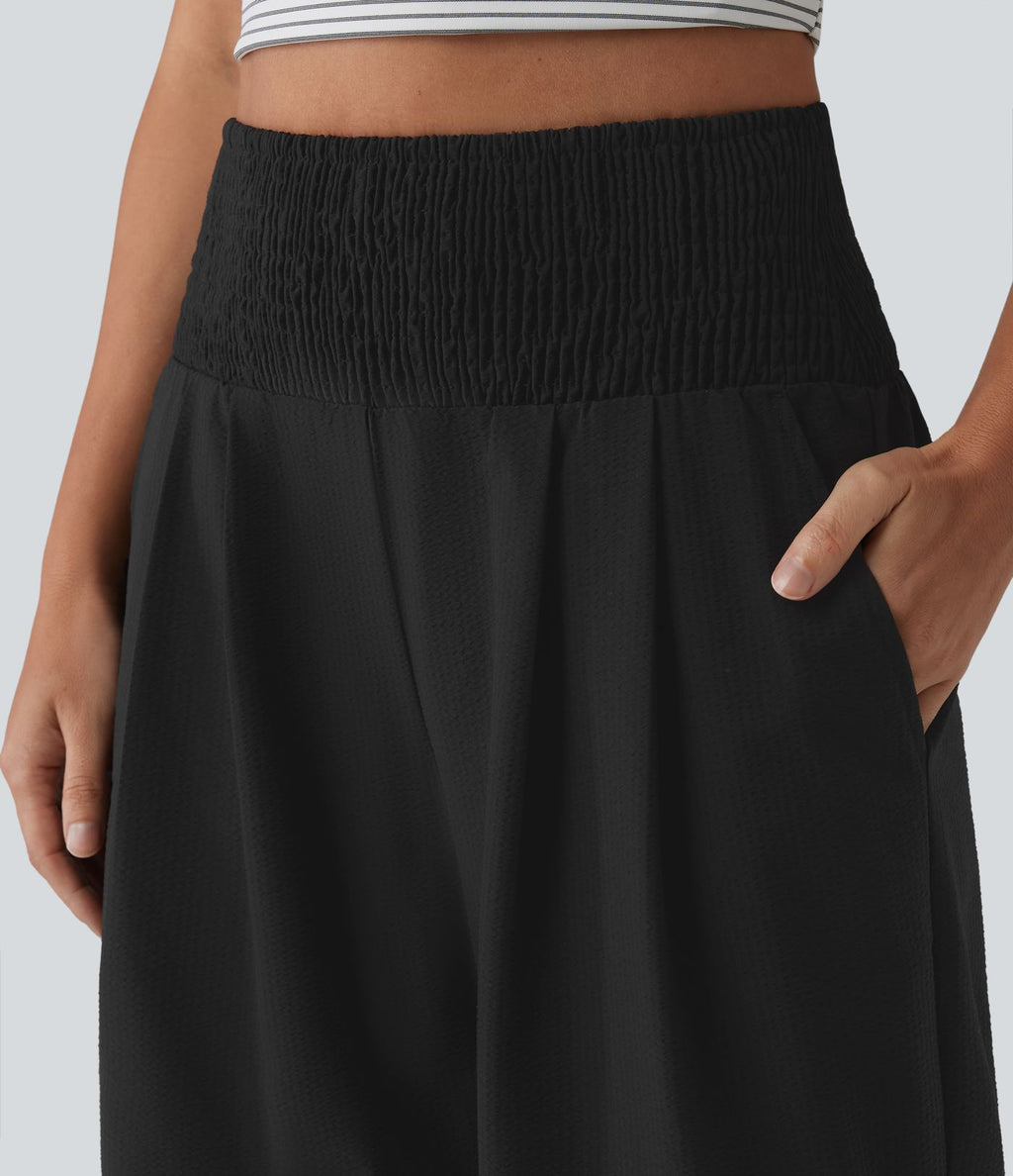Pantalon large taille haute en tissu froissé froncé séchage rapide avec poches