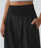 Pantalon large taille haute en tissu froissé froncé séchage rapide avec poches