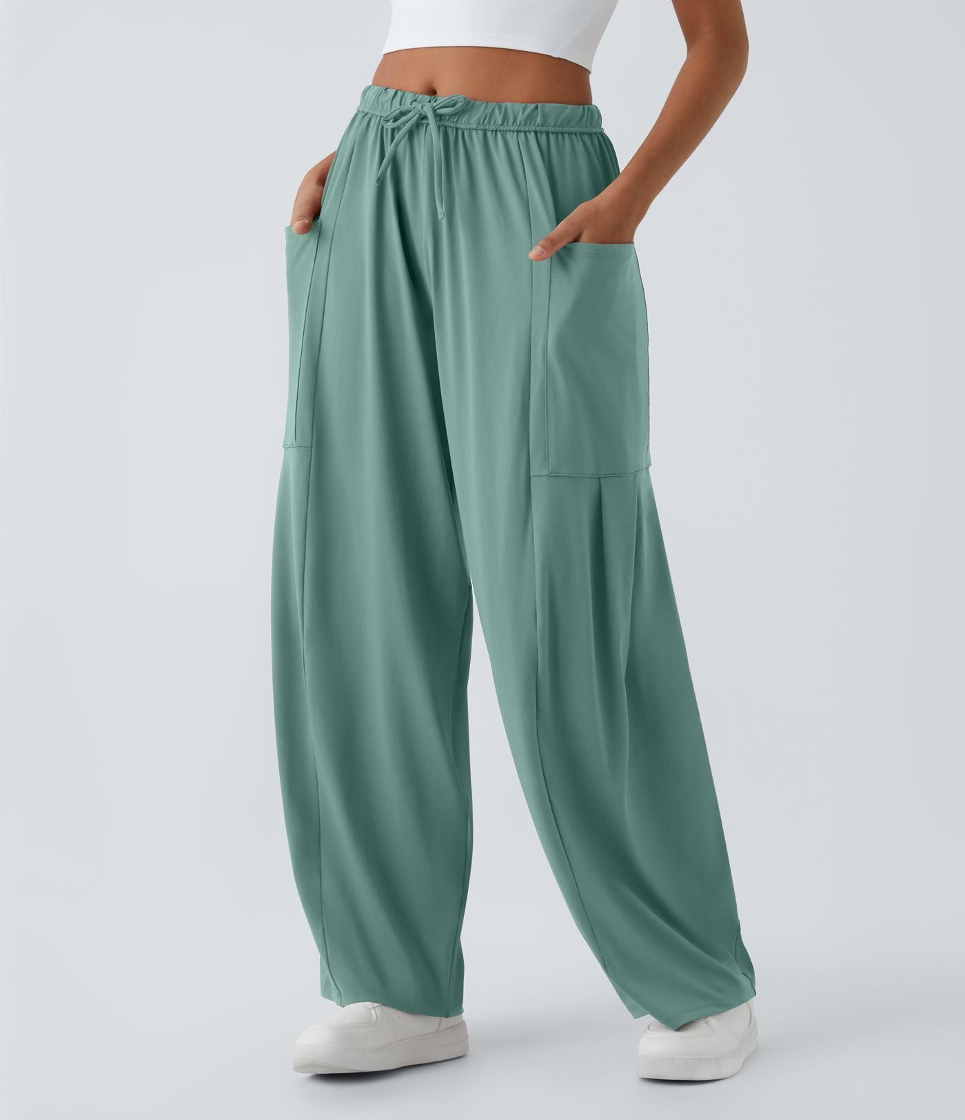 Pantalon Large Fluide Taille Mi-Haute Taille Élastique Cordon Poches Latérales Ourlet Flottant