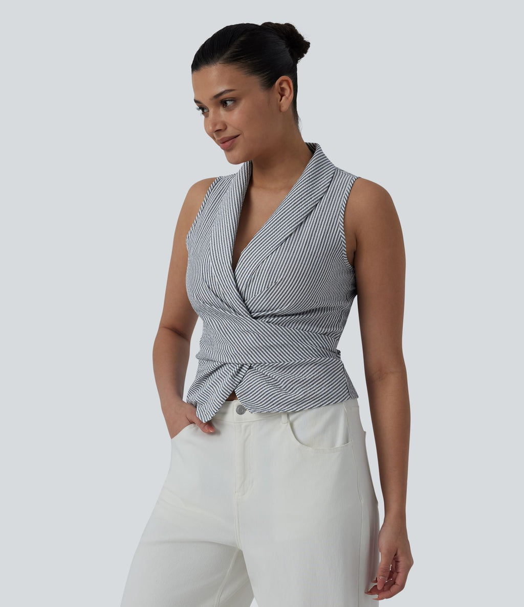 Chemise décontractée à rayures, col V, sans manches, dos noué
