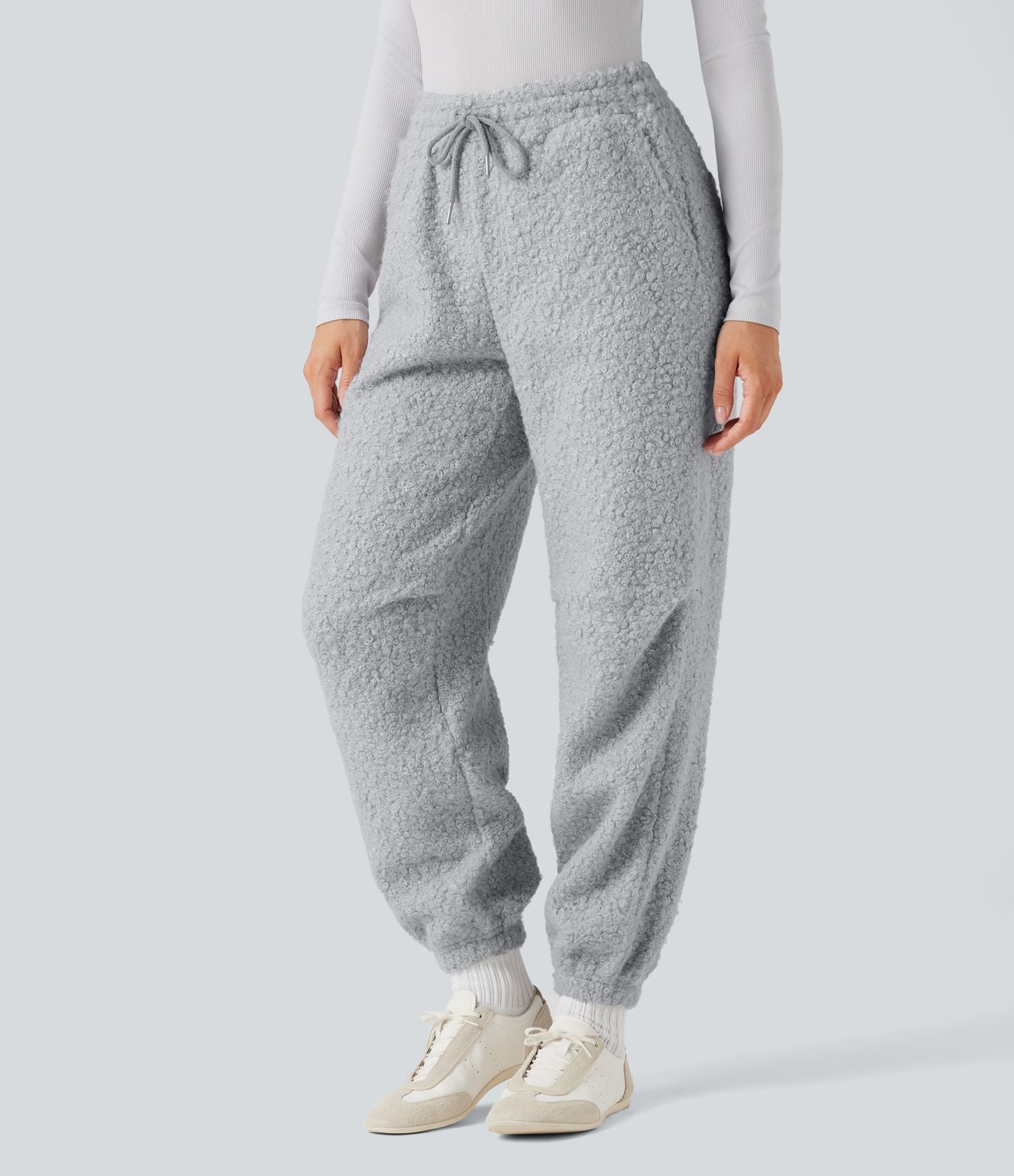 Jogging décontracté en teddy taille mi-haute avec cordon et poches