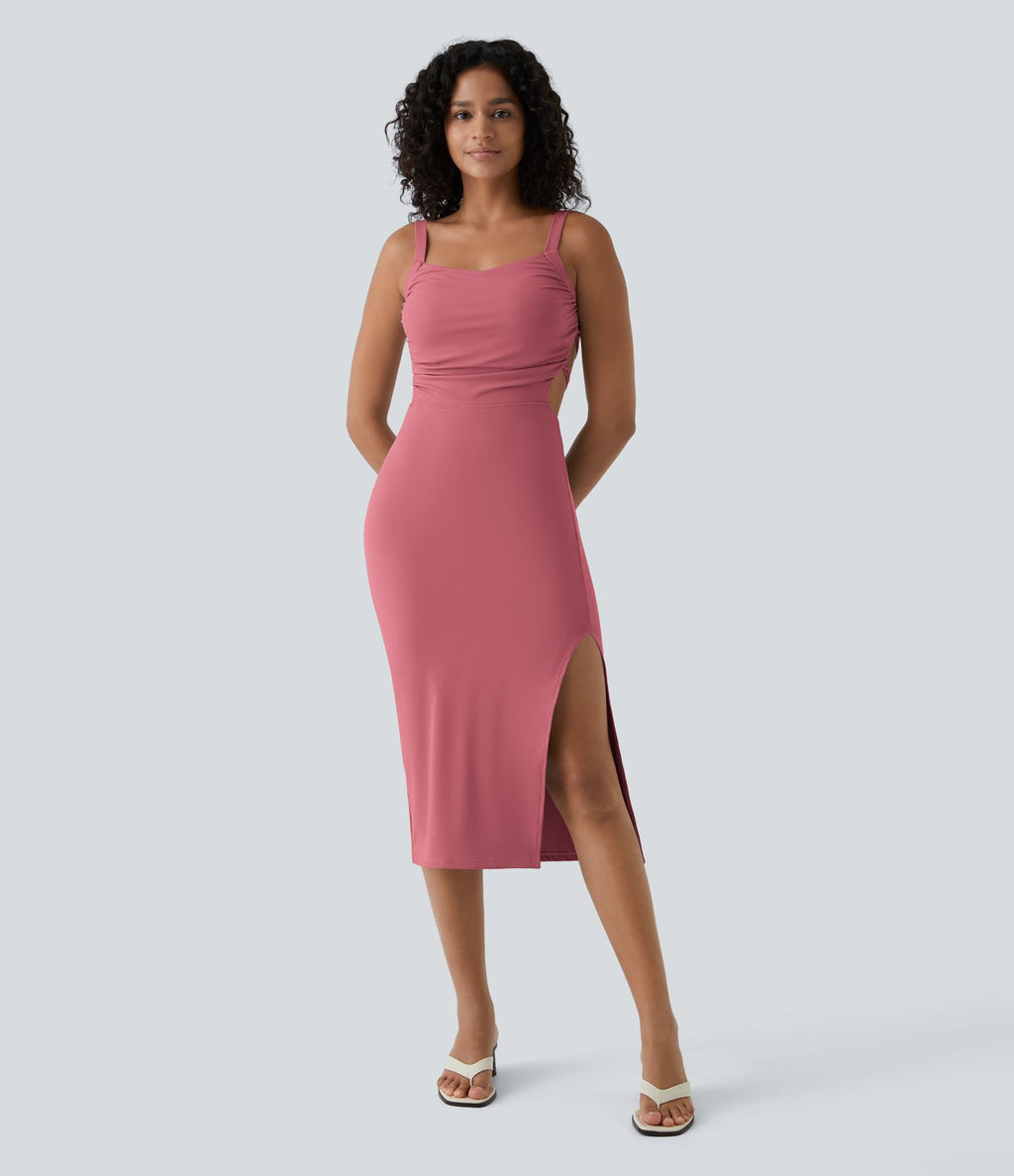 Robe midi laquée fendue, brassière intégrée, dos nu croisé