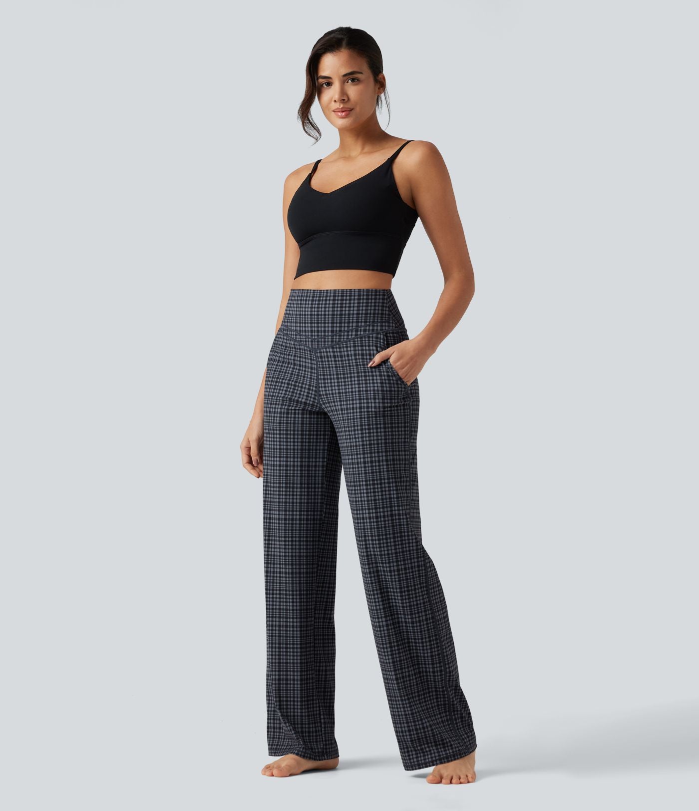 Pantalon de yoga droit Halara UltraSculpt™ taille haute gainant à motif tartan avec poches