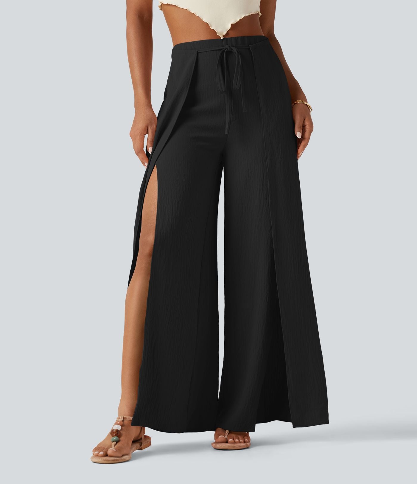 Pantalon ample fluide effet lin taille haute avec laçage