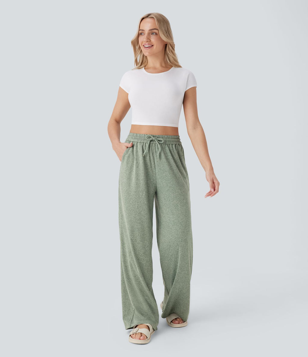 Pantalon large décontracté taille haute avec cordon de serrage et poches latérales