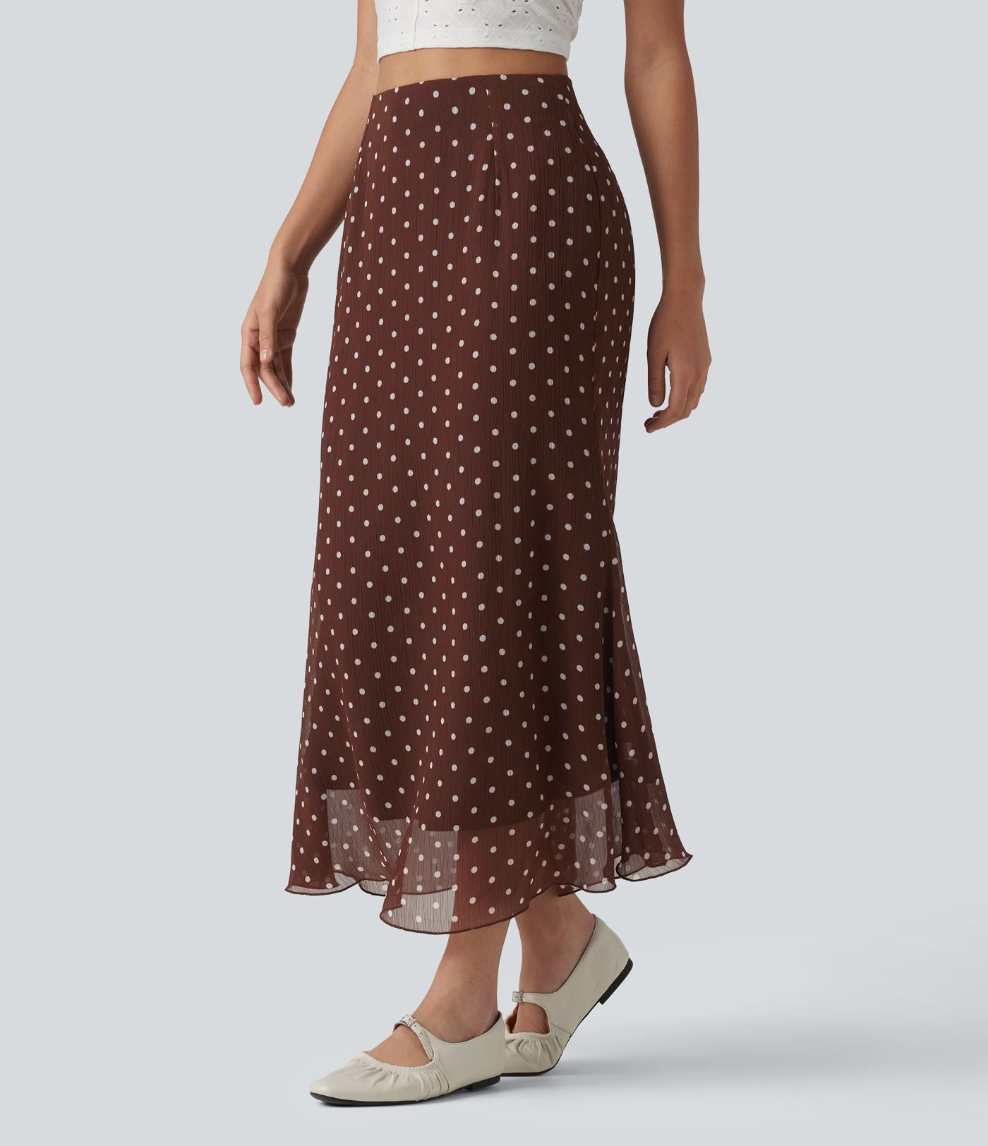 Jupe midi fluide sirène taille haute à pois