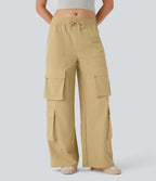Pantalon cargo décontracté large à cordon, taille mi-haute, avec poches