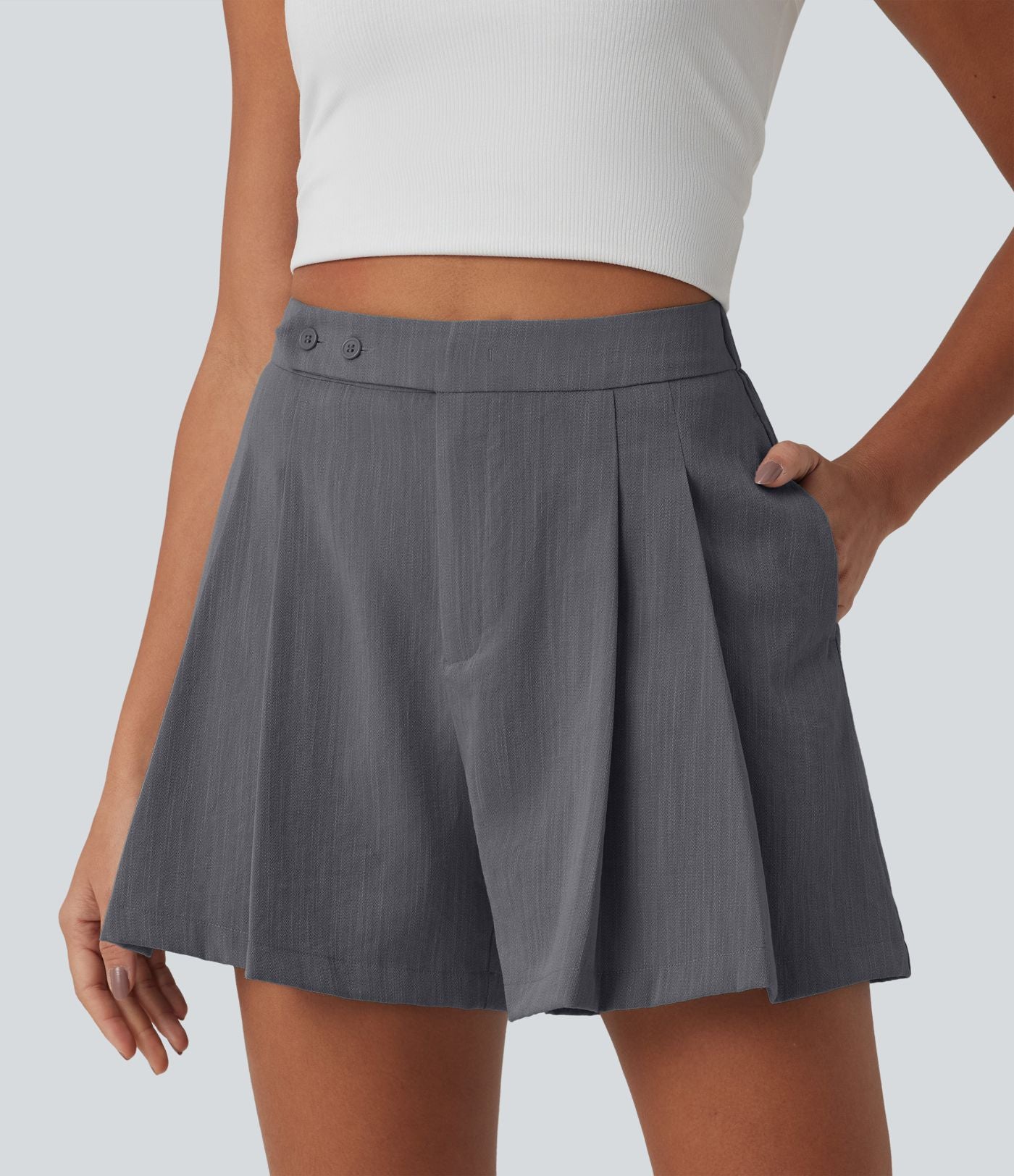 Short tailleur casual aspect lin à plis taille haute 12,5 cm avec poches
